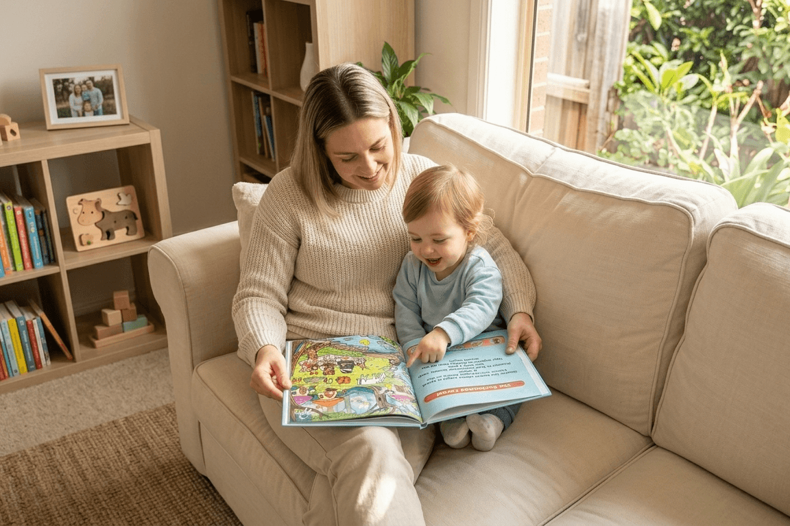 Parent and child reading a Spotli book together