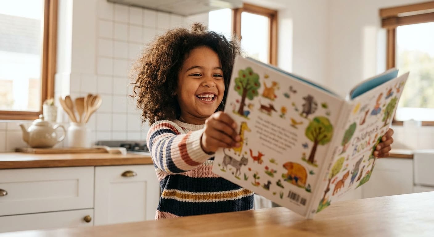 Girl proudly showing her personalised Spotli book